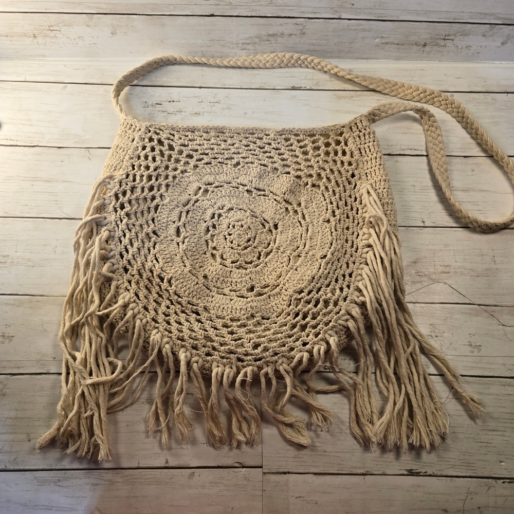 Boho Crochet Fringe Crossbody Bag Cream Mandala Knit Festival Purse Neutral